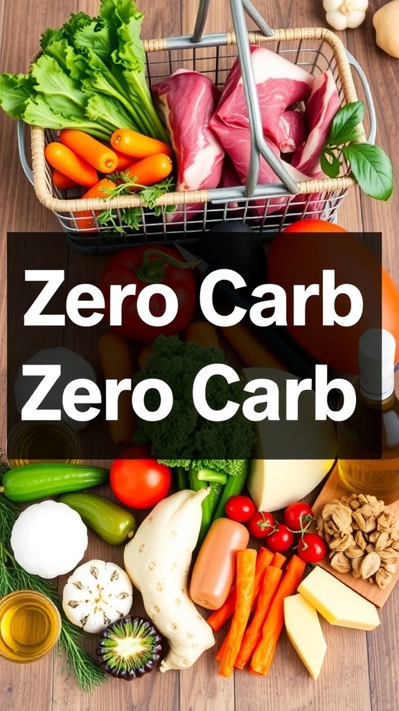 A selection of zero carb foods including meats, vegetables, and dairy products on a wooden table.